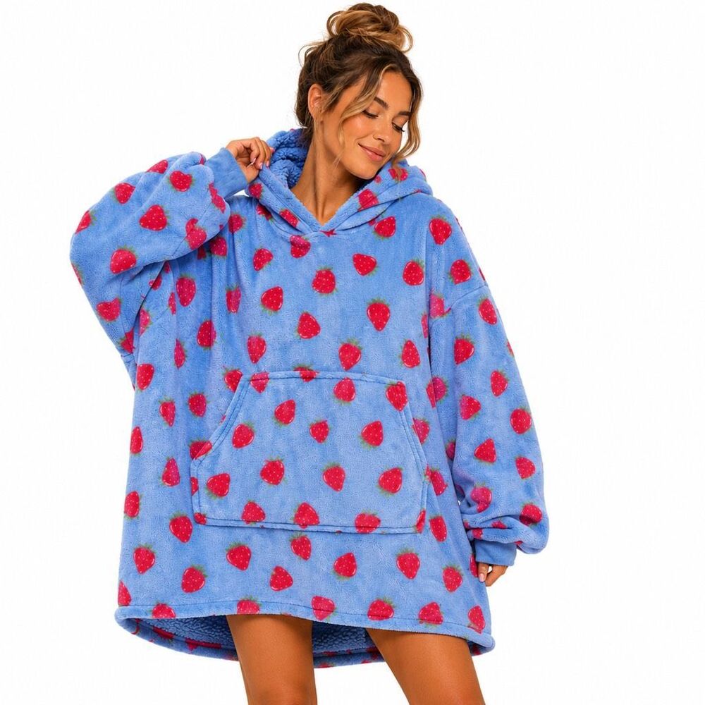 Ruby & Jewell Oversized Strawberry Wearable Blanket Hoodie S/M Blue Plush Lounge